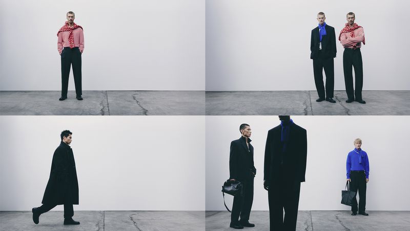 Collage of four images shows men in modern fashion standing against a white background with a gray floor. Stylish attire.