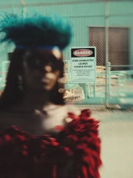 Model wearing a bright teal feather headpiece, dark sunglasses, and a red textured boa before an industrial gate with a warning sign.
