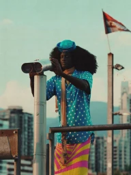 A Black model with voluminous afro hair in a blue polka-dot shirt and sailor hat poses beside a mounted public viewing telescope.