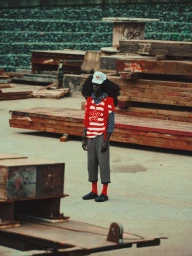 Model wearing a red and white striped vest, grey cropped trousers, and a white cap standing amid stacked industrial lumber.