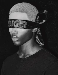 Close-up monochrome portrait of a model wearing a satin blindfold with bold lettering across the eyes.