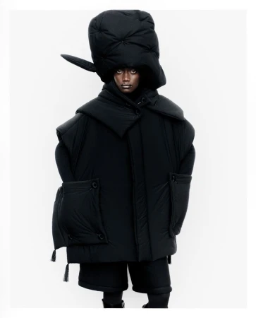 Fashion shot of a Black female model in an oversized black puffer jacket and hat against a white backdrop in a studio environment.