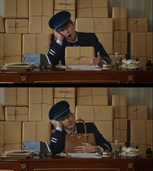 Split frame showing a clerk in a blue uniform and cap yawning at a desk, then hugging a tan leather Prada handbag.