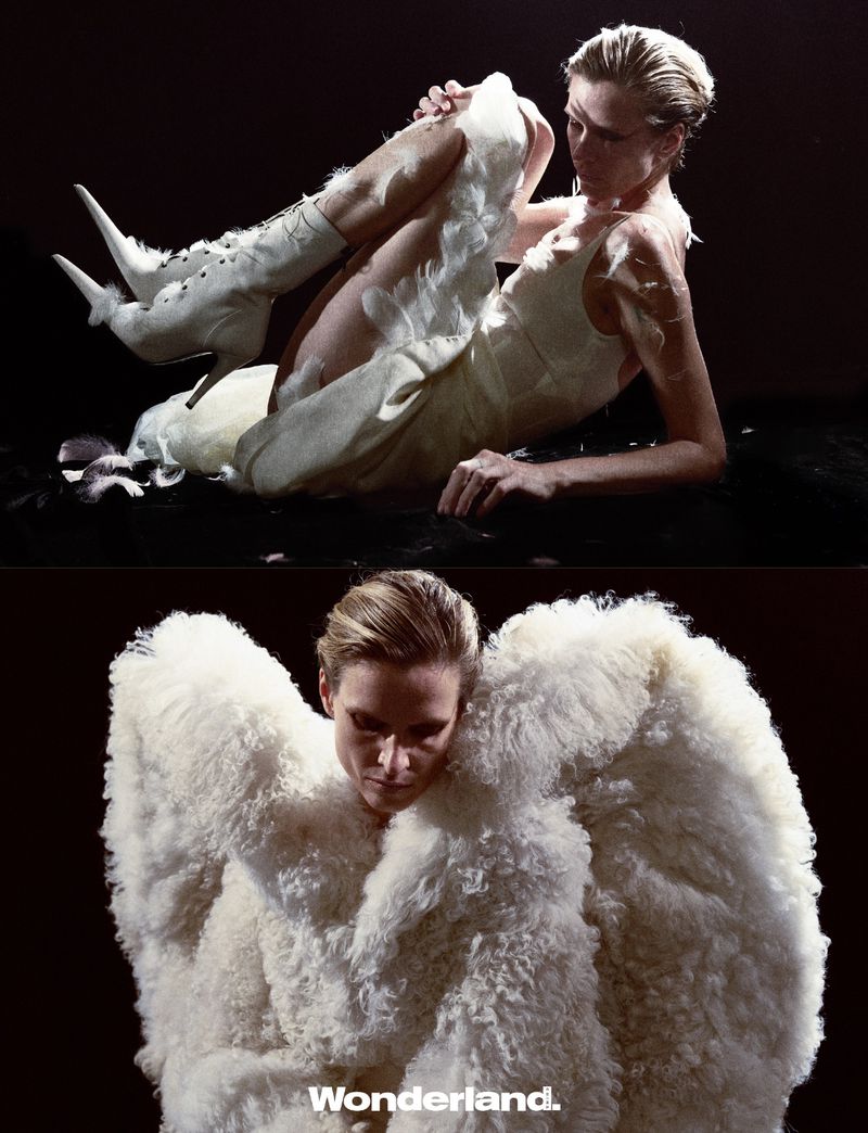 Striking fashion portrait: A woman in a white dress and ornate boots strikes a pose in the upper frame; in the lower frame, another woman wears a fur coat.