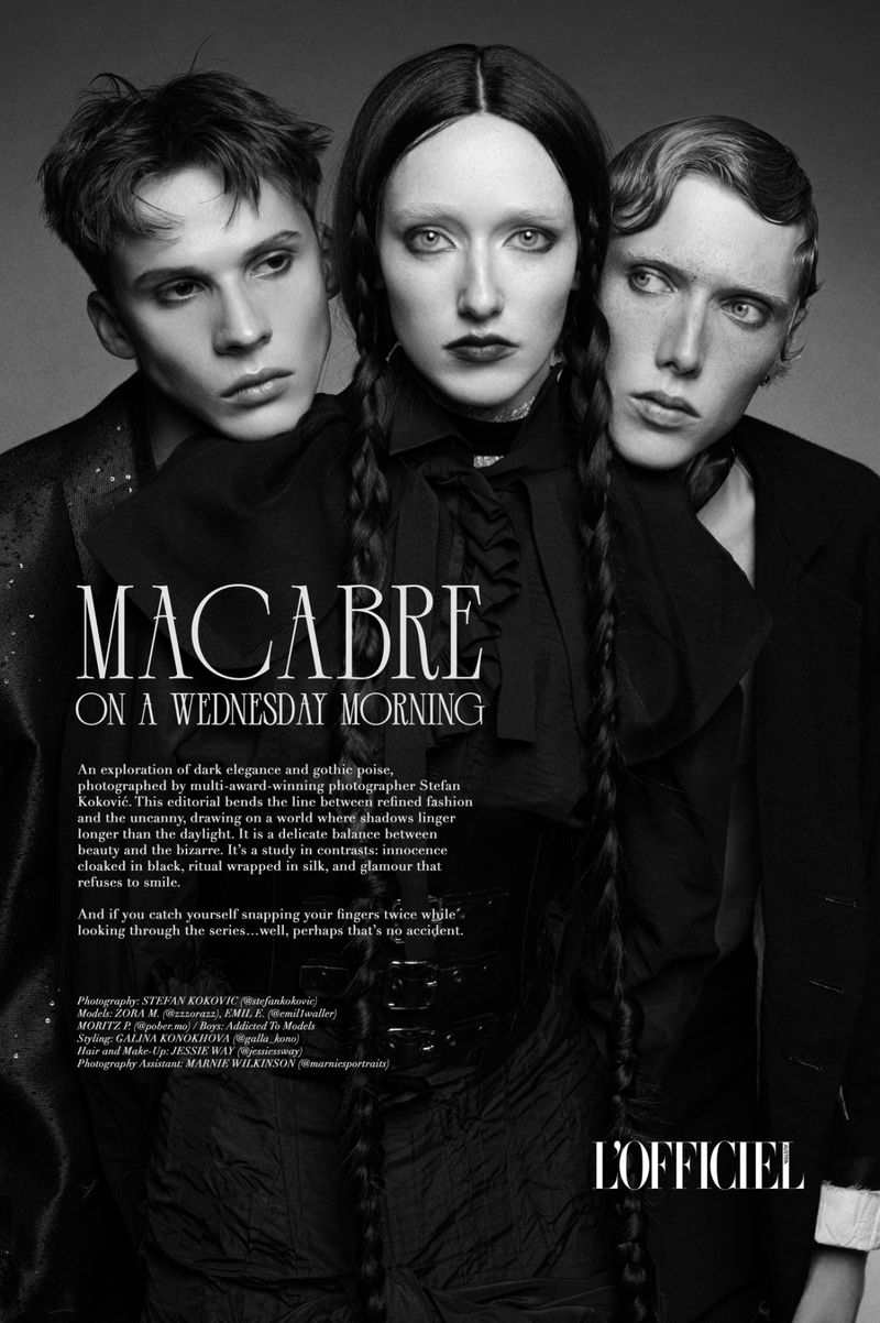 Black and white fashion photo features three models, one female and two male, styled in dark elegance and gothic poise, facing forward.