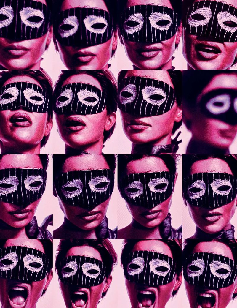 Collage of faces wearing eye masks, showcasing various expressions and perspectives in a unique composition, pink tone, indoor setting.