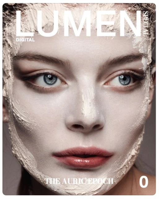 Close-up portrait of a woman's face with a white facial mask, bright blue eyes, and a magazine cover aesthetic, beauty focused.