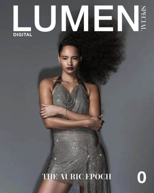 Magazine cover featuring a woman with curly hair in a metallic dress. The cover includes the magazine title 'LUMEN DIGITAL SPECIAL'.