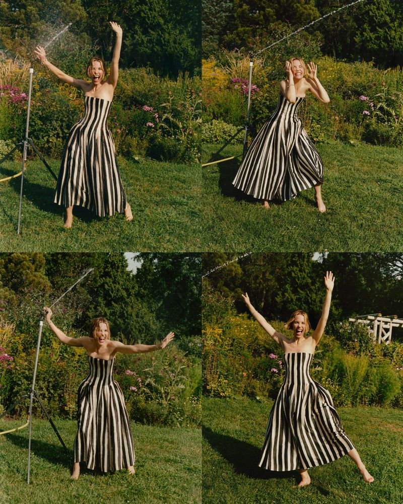 Woman in striped dress poses playfully with a garden hose in a lush outdoor setting, captured in a dynamic quad image.