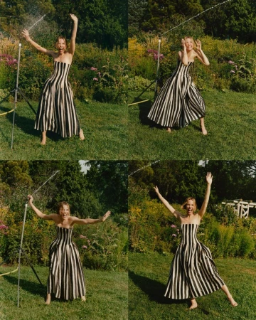 Woman in striped dress poses playfully with a garden hose in a lush outdoor setting, captured in a dynamic quad image.