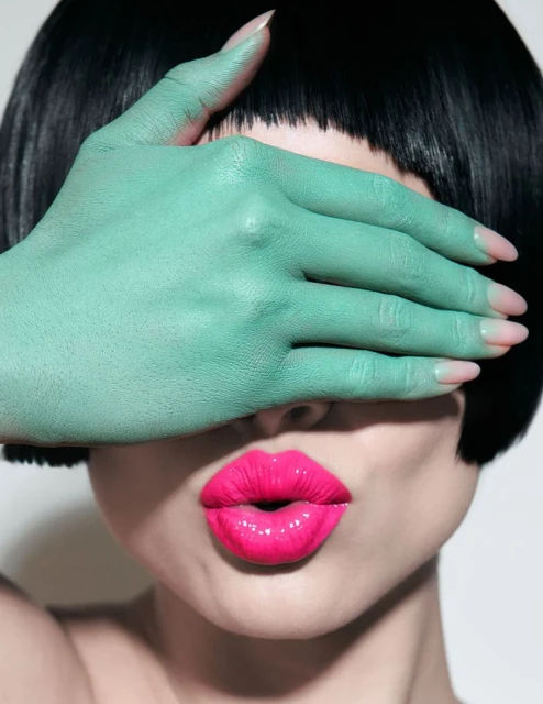 Close-up portrait of a young adult woman with a short black bob, pink lips, and a mint green-painted hand covering her eyes.