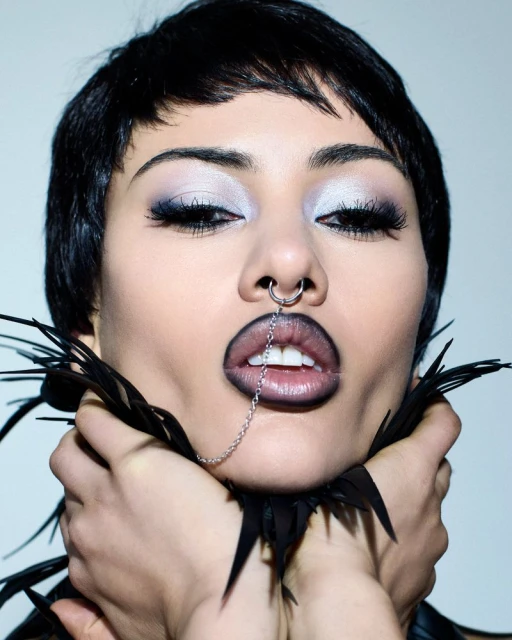 Close-up studio portrait of a woman with short black hair, dramatic makeup, and a unique nose ring with chain detail, feathers around her neck.