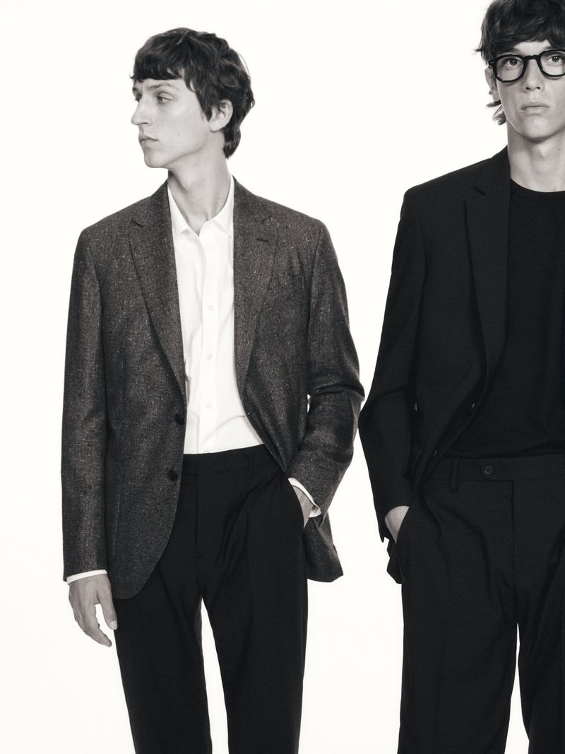 Two male models in tailored blazers and trousers against a clean white background for Massimo Dutti