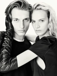 Black and white portrait of two models posing closely together against a seamless white background, wearing dark clothing and leather gloves.