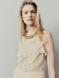 Model wearing a layered cream sleeveless top and a chunky gold collar necklace against a pale grey studio background.