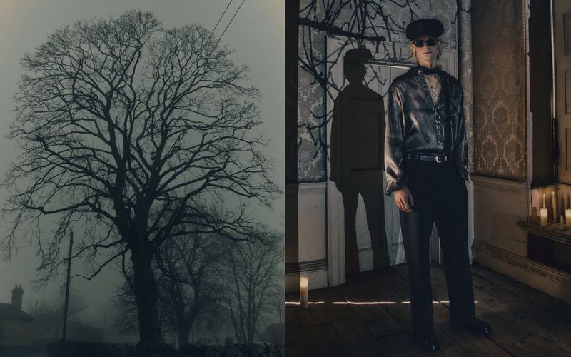 Monochromatic outdoor shot of a tall bare tree in fog, juxtaposed with an indoor fashion portrait of a man in black clothing.