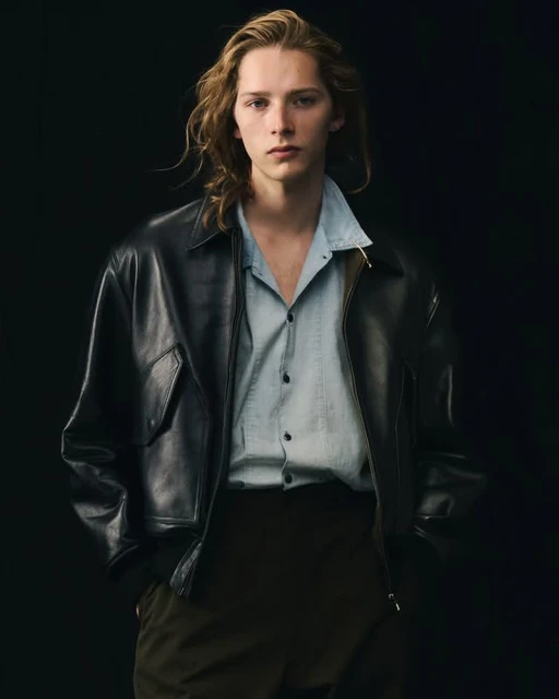Man with long blond hair wearing a black leather jacket and light blue shirt poses against a dark backdrop in a studio shot.