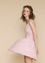 Model with curly hair wearing a pink sleeveless dress against a neutral studio background for Ryan LO Spring Summer 2026