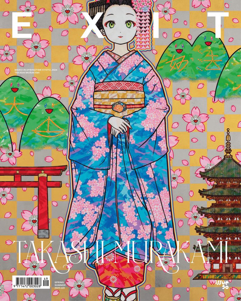 Illustration of a manga-style woman in a kimono with cherry blossoms on the cover of EXIT magazine, Issue 50, by Takashi Murakami.