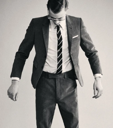 Monochrome studio shot of a man in a grey suit, vertically striped shirt, and diagonally striped tie, looking down with his arms hanging.