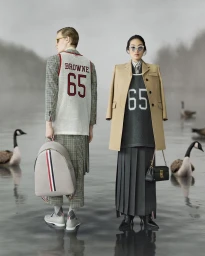 Two models standing near water with geese, wearing Thom Browne Fall 25 designer apparel and holding accessories.