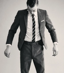 Man wearing a tailored grey suit jacket, striped shirt, and tie against a plain studio background.