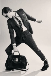 Model in plaid suit holding a black leather handbag against a light background for Thom Browne Fall 25