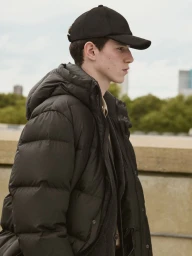 Profile view of a young man wearing a black baseball cap and a dark puffer jacket outdoors against an urban backdrop.