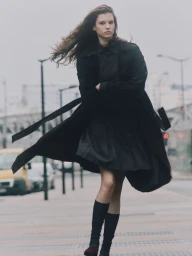 Model in a black coat and skirt standing outdoors on an urban street with hair blowing in the wind.