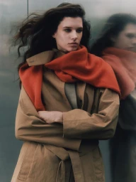 Model with long dark hair wearing a camel trench coat and an orange scarf against a mirrored glass wall.