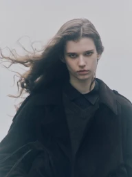Portrait of a female model with long blowing hair wearing a dark coat and collared shirt against an overcast sky