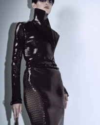 Model wearing dark glossy textured coat and matching skirt against a pale background for Tom Ford S/S 2026