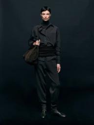 Model in dark clothing holding a dark handbag against a solid black seamless studio background.