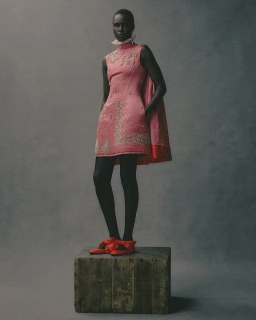 Elegant African-American woman in a stylish pink dress, black tights, and red shoes, standing gracefully against a grey backdrop.