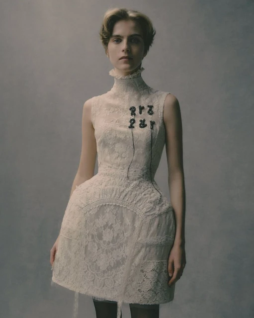 A fair-skinned young woman poses in a high-necked, sleeveless white lace dress against a diffused grey background in a fashion shot.