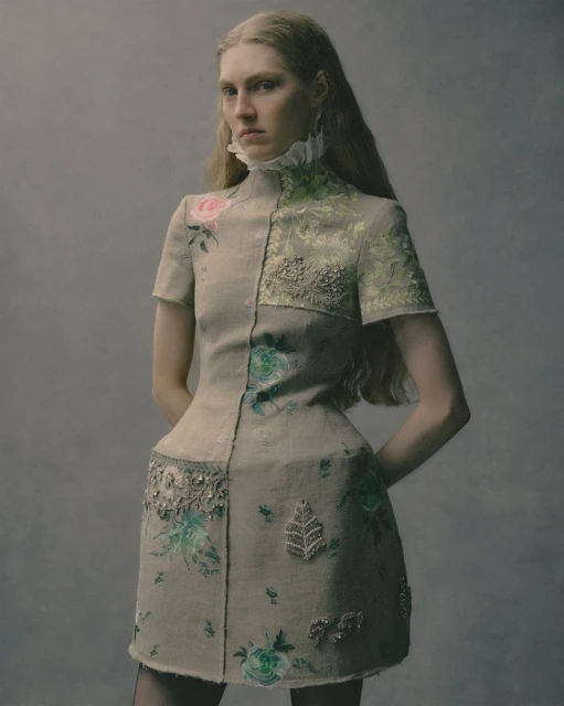 Woman in a floral-embellished dress with a high ruffled collar, posing against a neutral grey backdrop in a fashion studio shoot.