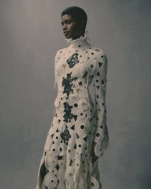 Fashion shot of a Black female model wearing a long, off-white, semi-sheer dress with decorative black floral appliques, studio setting.