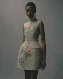 Model wearing a structured beige floral embroidered dress with a ruffled high collar against a grey studio backdrop.