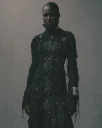 Model in intricate black textured dress standing against a neutral grey studio background for Erdem S/S 26.