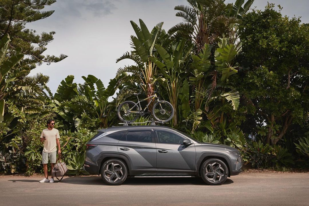 Gray SUV parked on the roadside with a bicycle mounted on top, a man with a bag stands nearby, lush tropical vegetation in the background.