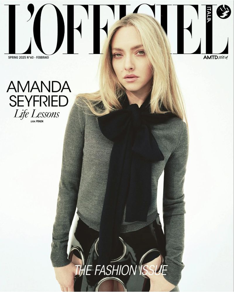 Amanda Seyfried graces the cover of L'Officiel Italia in a gray sweater and black patent leather skirt with metal ring details.