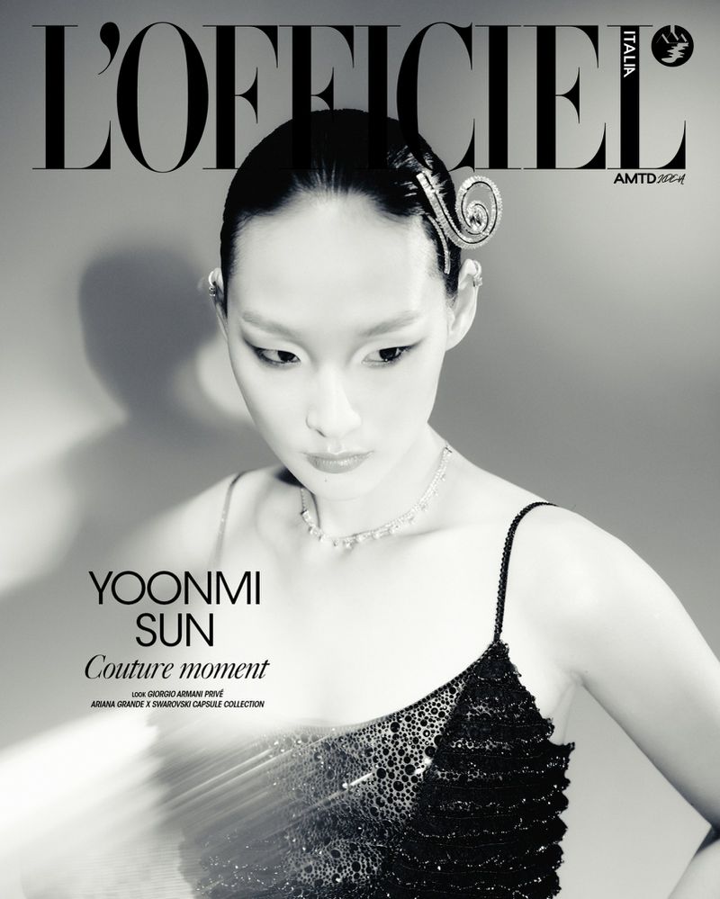 Black and white portrait of Yoonmi Sun on L'Officiel Italia cover, featuring an elaborate hair clip, black sequined top, and delicate necklace.