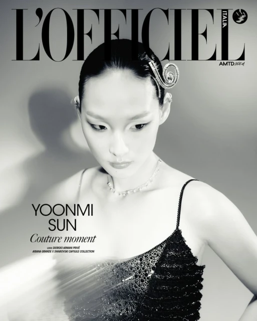 Black and white portrait of Yoonmi Sun on L'Officiel Italia cover, featuring an elaborate hair clip, black sequined top, and delicate necklace.