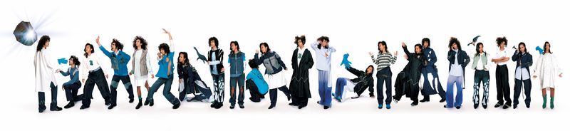 Group of diverse individuals showcasing fashion clothing on a white background. Dynamic poses, various outfits, and a bright, modern aesthetic.