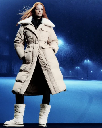 Woman wearing a long, tan puffer coat with a white fur collar and white, furry boots stands outdoors against a blue background with streetlights.
