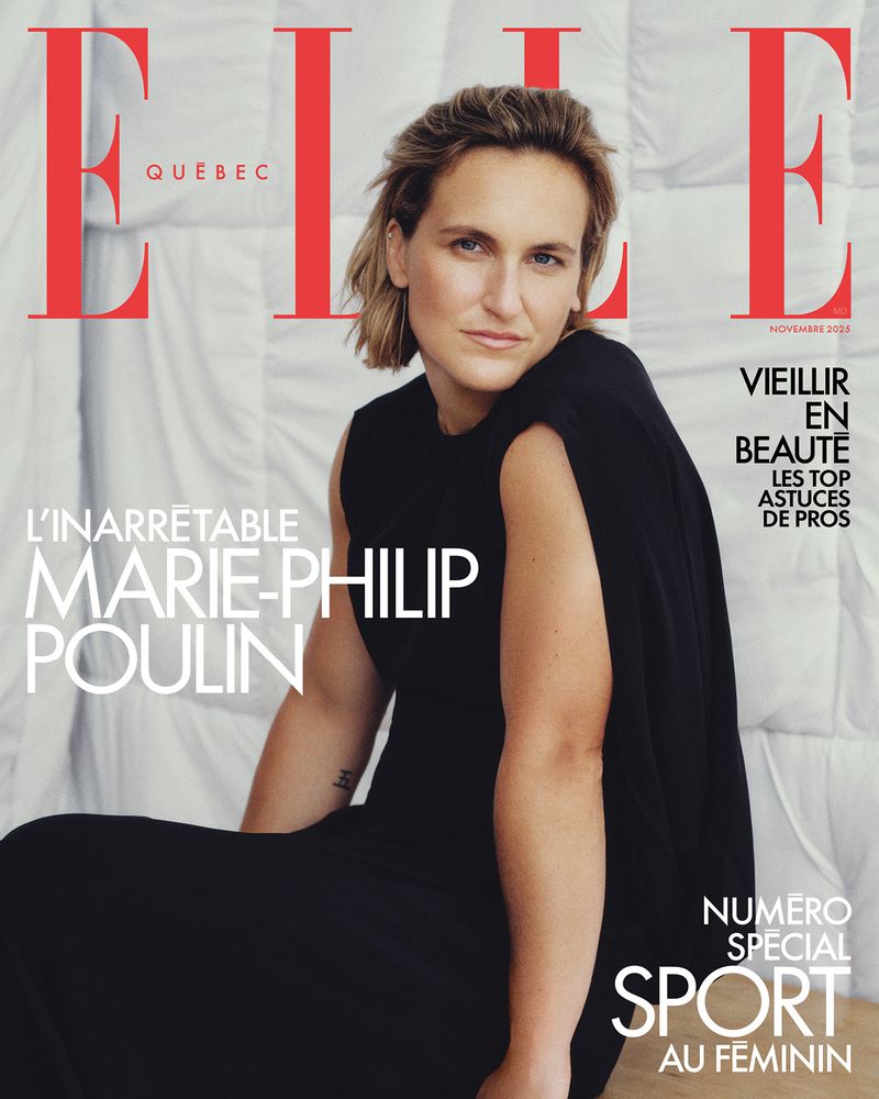 Elle Québec magazine cover featuring Marie-Philip Poulin, ice hockey player, in a black dress, posing against a white, quilted background.