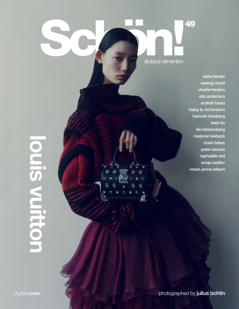 Schön! magazine cover featuring an Asian model in a red knit sweater and burgundy skirt, holding a Louis Vuitton handbag.