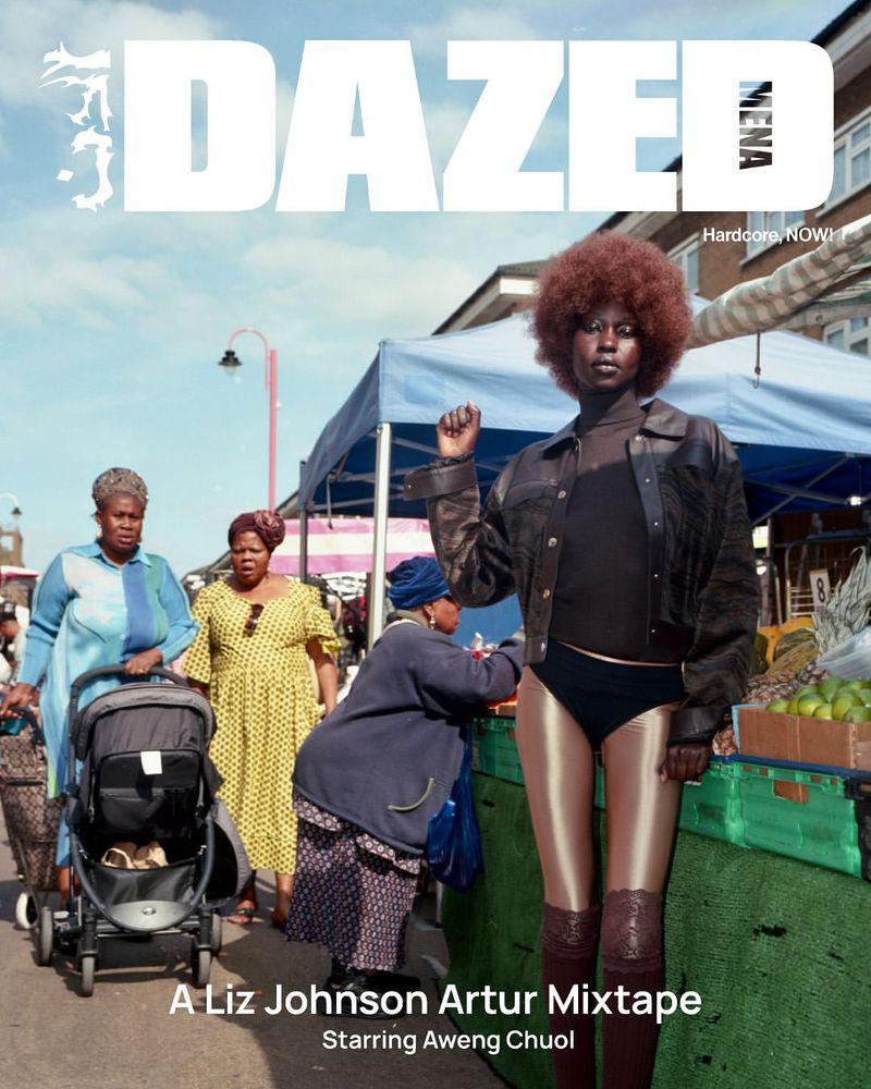Dazed magazine cover featuring Aweng Chuol at an outdoor market with other women, showcasing fashion, and editorial photography.