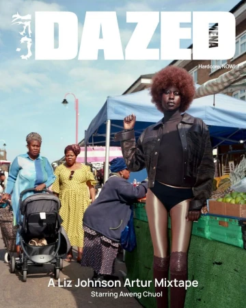 Dazed magazine cover featuring Aweng Chuol at an outdoor market with other women, showcasing fashion, and editorial photography.