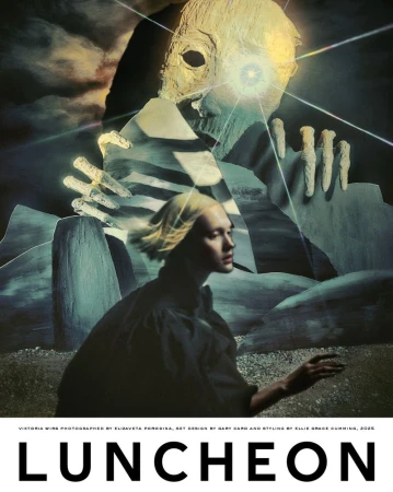 Fashion editorial featuring a blonde model in dark clothing posing in front of an eerie landscape with a surreal giant face.